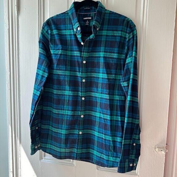 Lands End Sail Rigger Oxford Shirt Mens Medium Blue Green Plaid Button Down - Picture 1 of 6